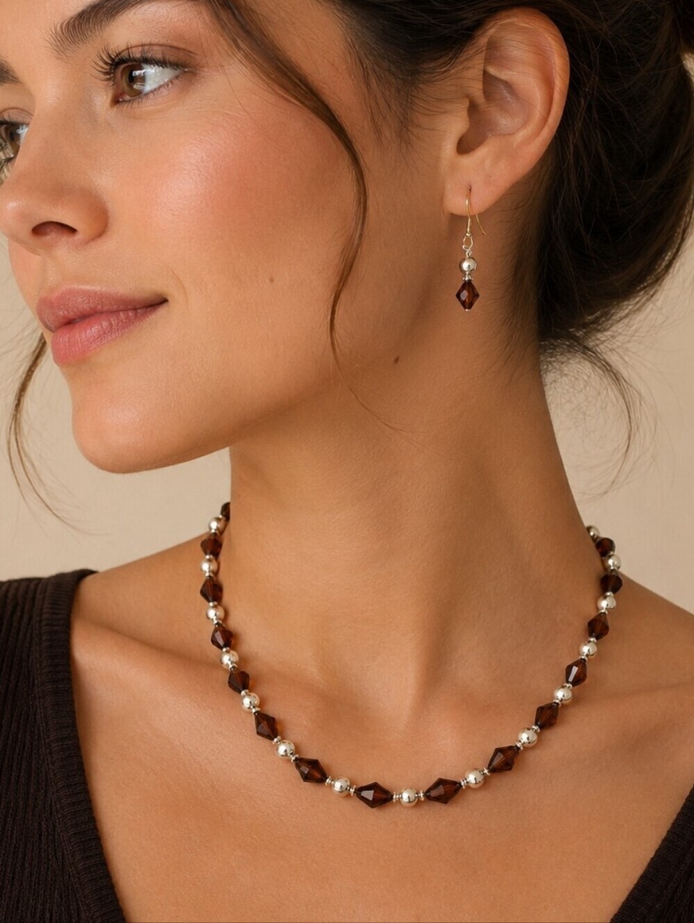 HANDMADE Dainty Silver Plated Beaded Necklace Earrings Set